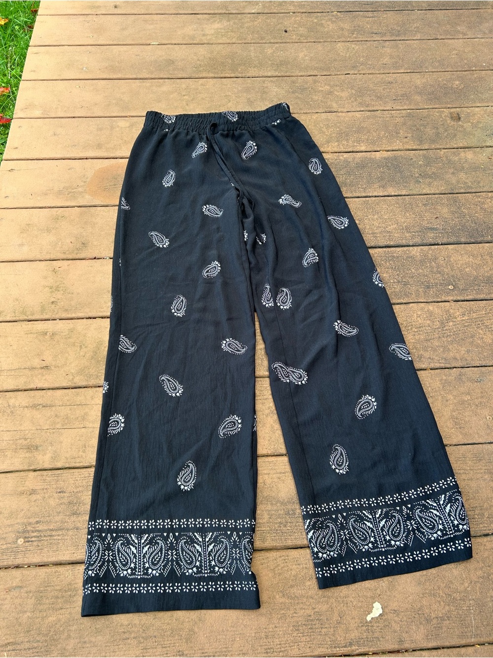 Black Paisley-Print Wide Leg Pants